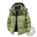 Unisex olive green puffer jacket with corduroy-lined detachable hood and dark olive corduroy shoulder panels
