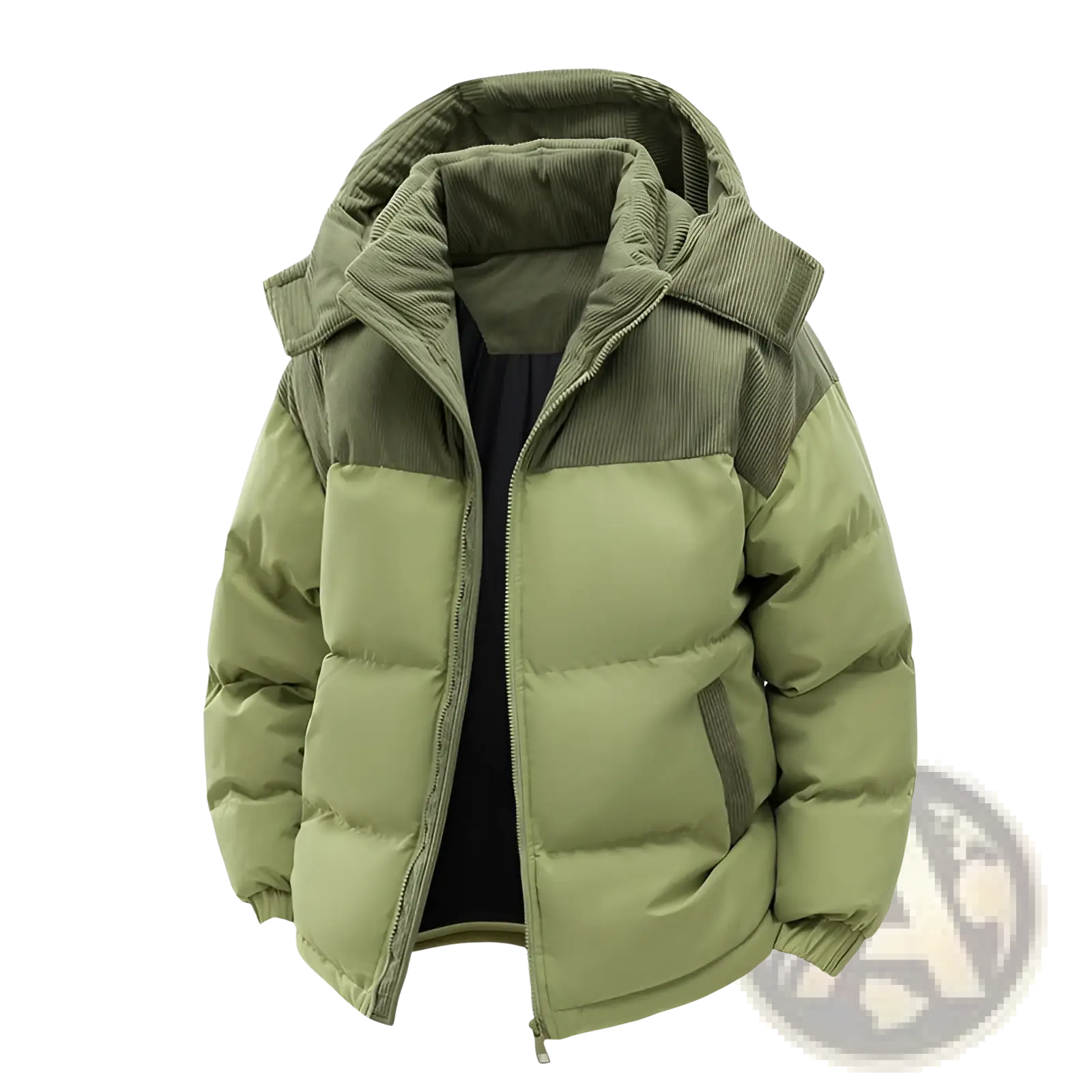 Unisex olive green puffer jacket with corduroy-lined detachable hood and dark olive corduroy shoulder panels