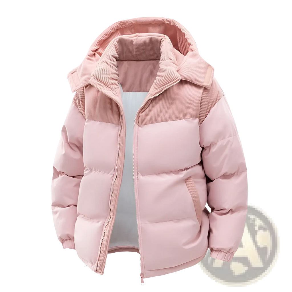 A soft pink unisex puffer jacket with a corduroy-lined detachable hood and matching ribbed cuffs
