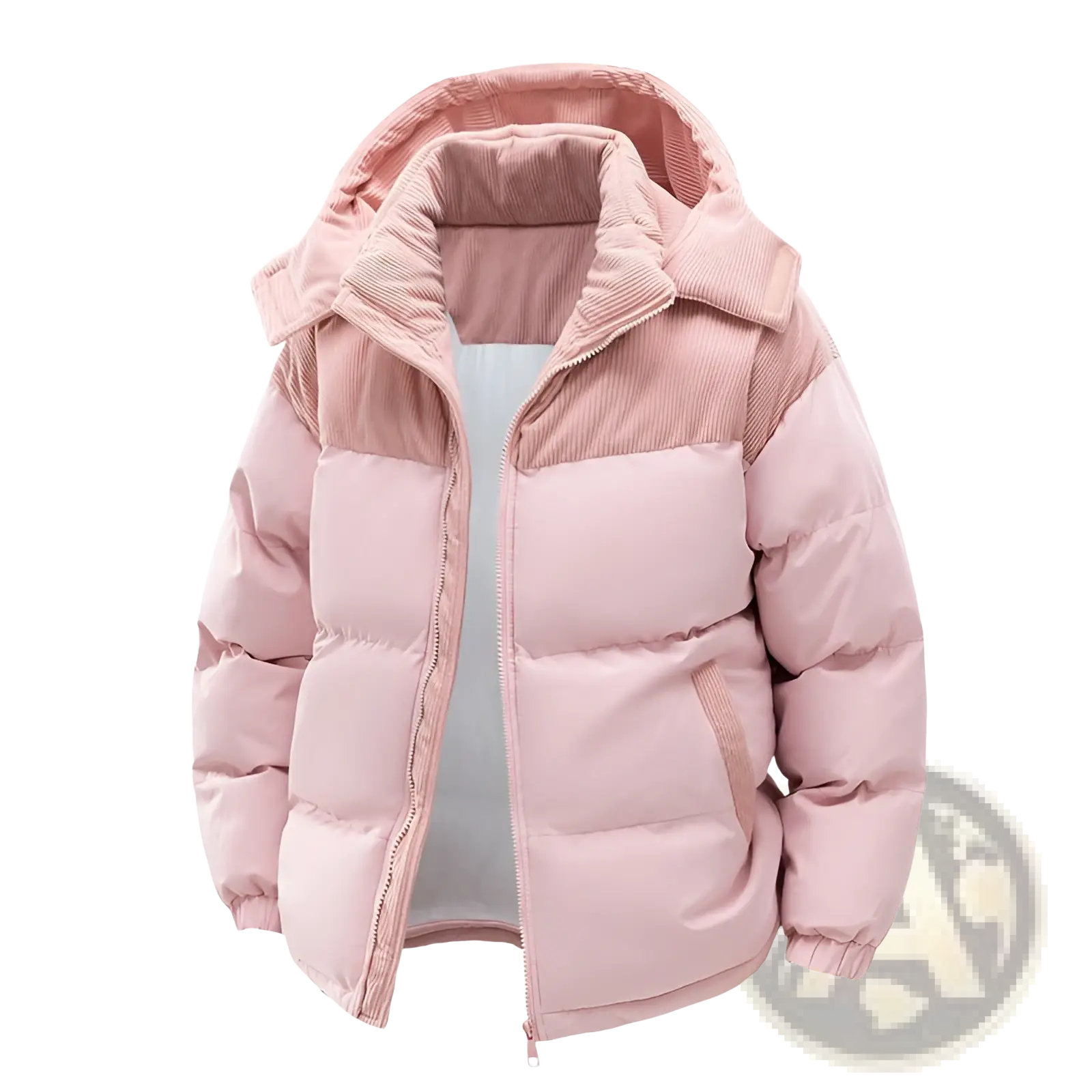 A soft pink unisex puffer jacket with a corduroy-lined detachable hood and matching ribbed cuffs