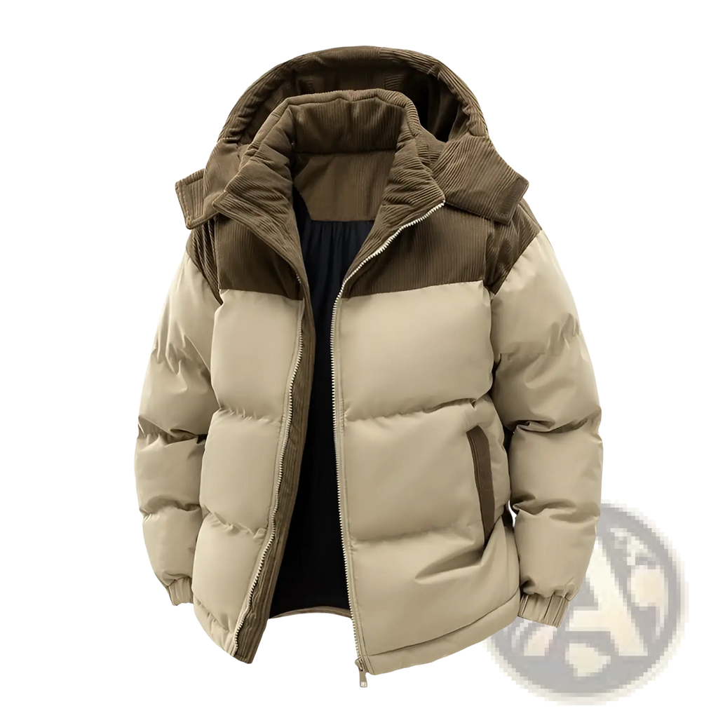 Unisex beige and brown corduroy-lined puffer jacket with quilted panels and detachable hood in patchwork design