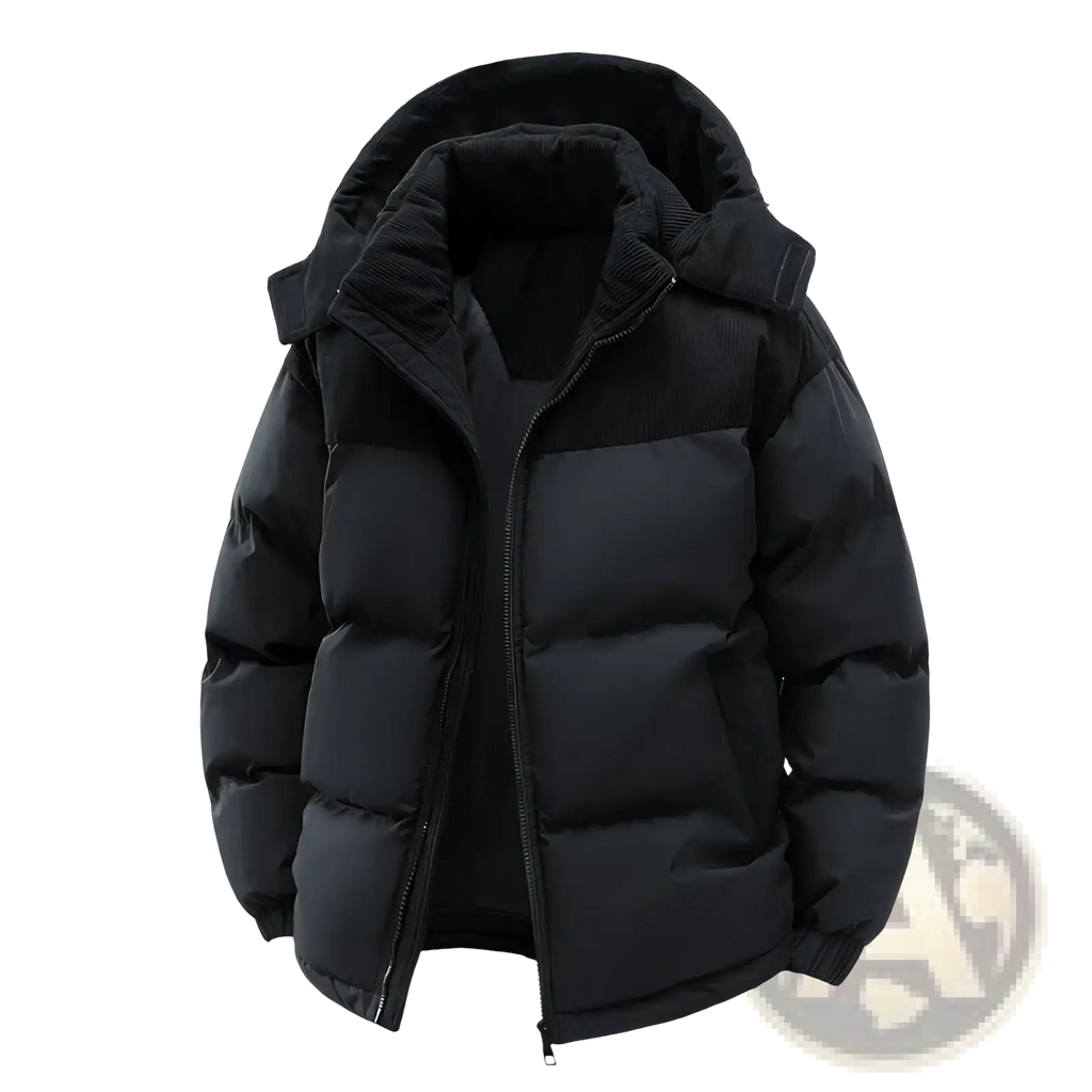 Black unisex puffer jacket with detachable hood and corduroy trim on the collar and patchwork detailing