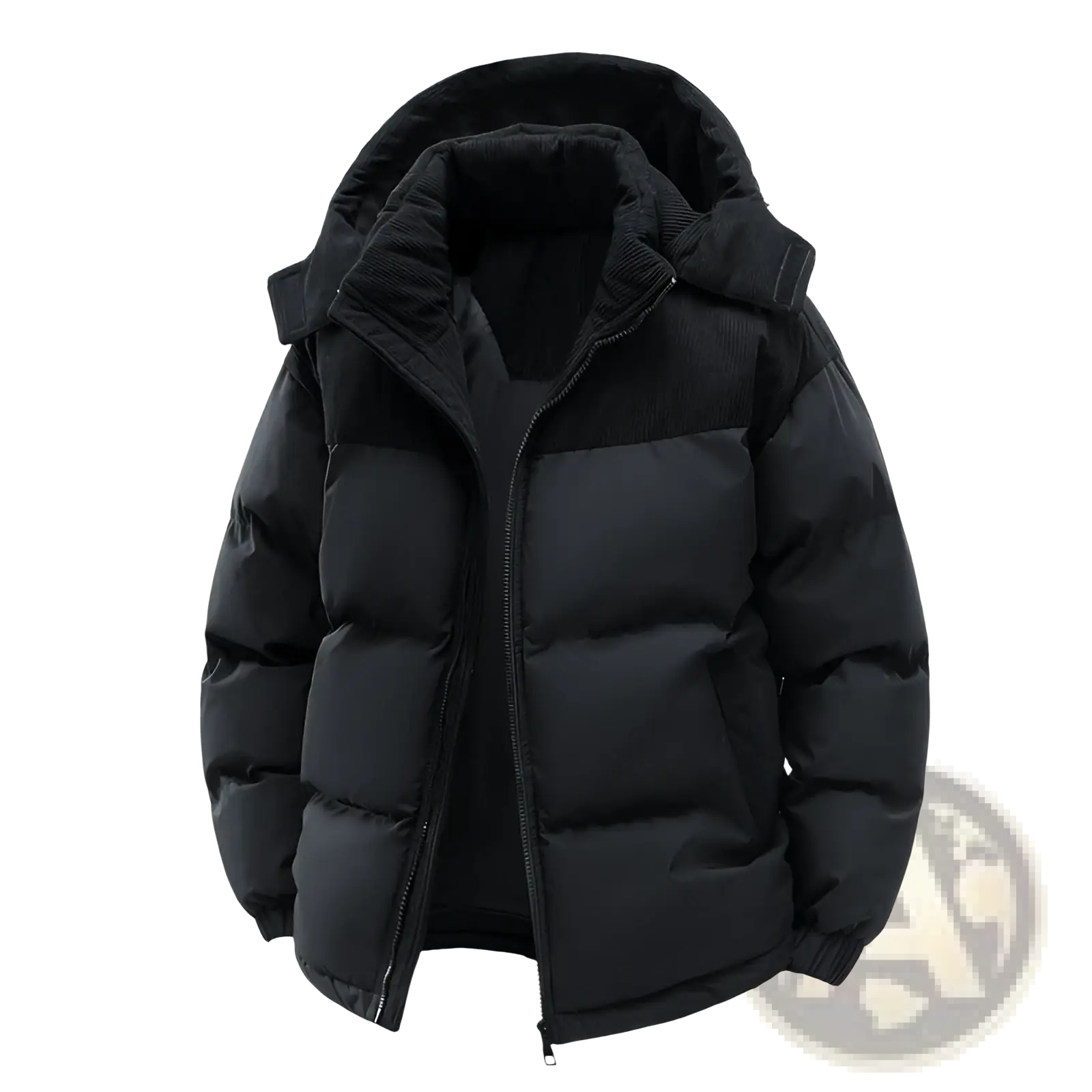 Black unisex puffer jacket with detachable hood and corduroy trim on the collar and patchwork detailing