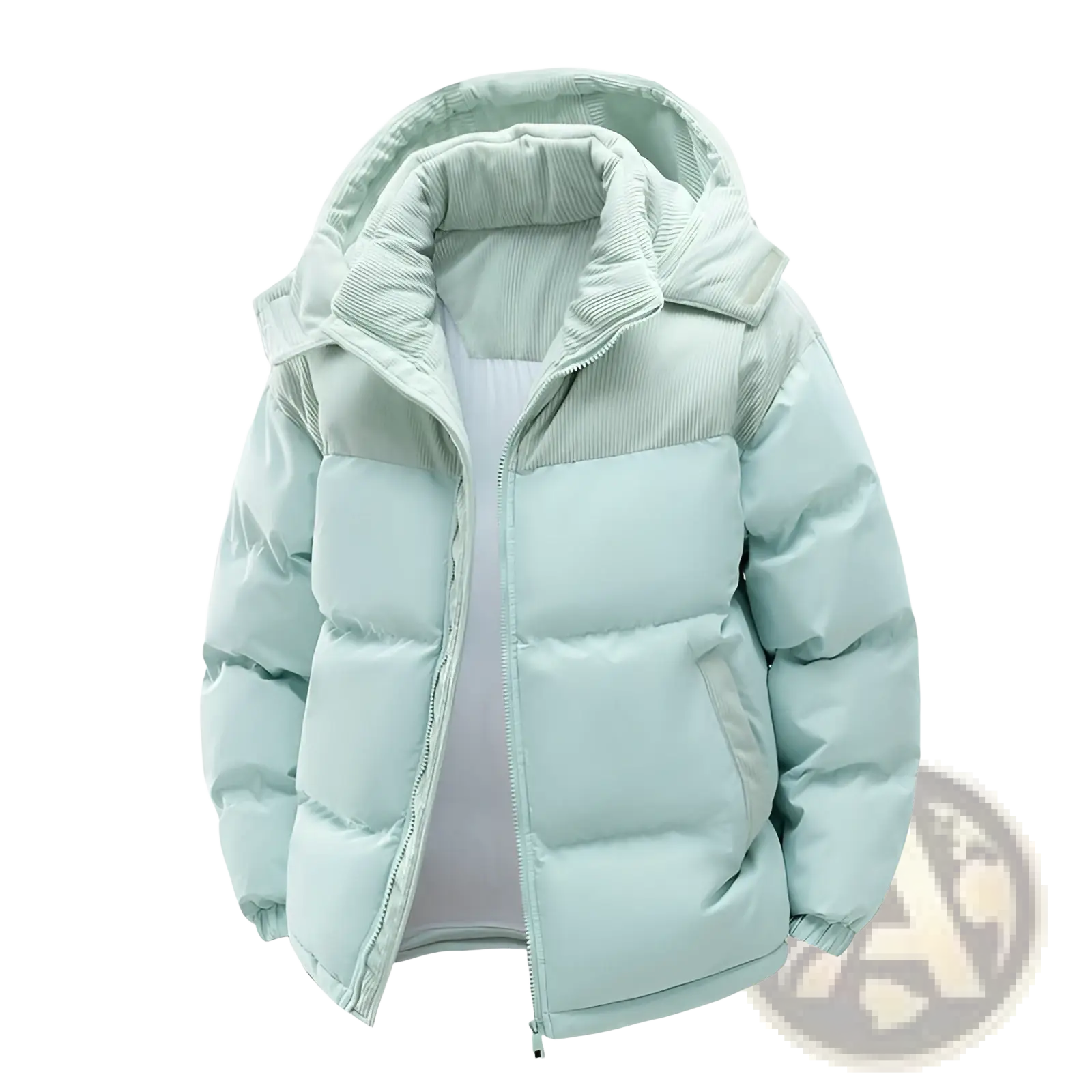 A light mint green unisex puffer jacket with corduroy-lined detachable hood and quilted body detail