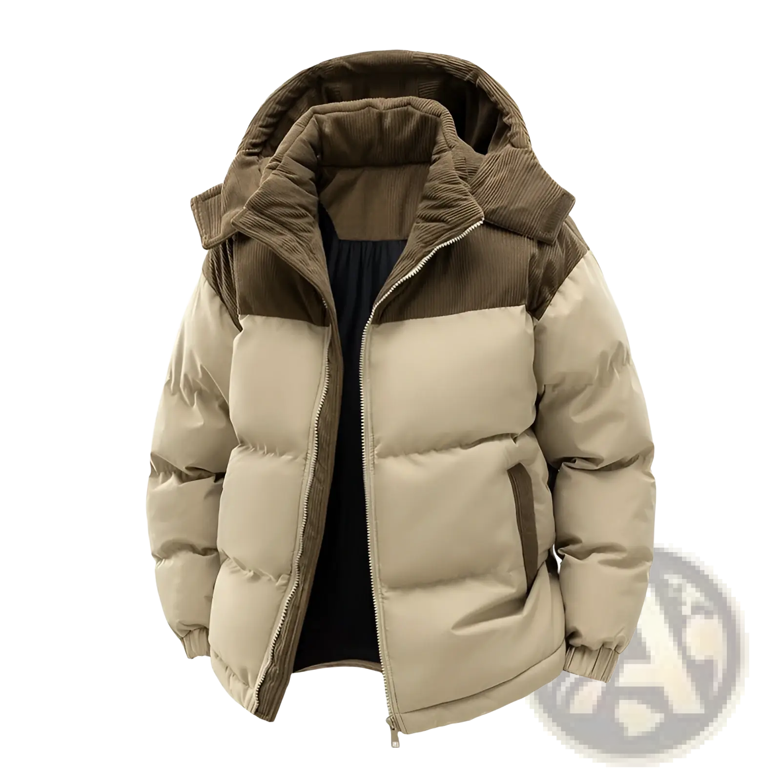 Beige and brown unisex corduroy patchwork puffer jacket with detachable hood and quilted lined panels