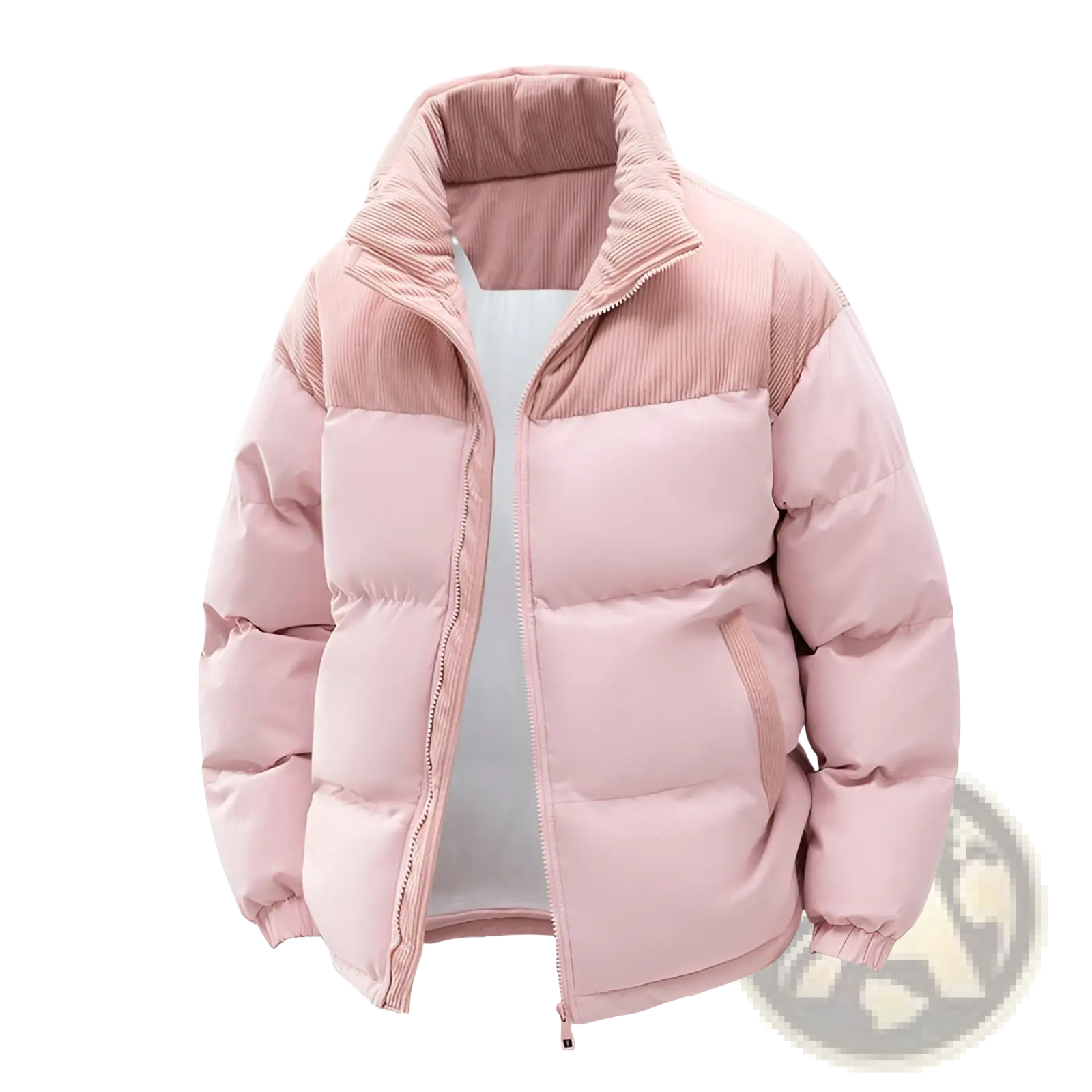 A soft pink unisex puffer jacket with contrasting corduroy collar and cuffs featuring a patchwork design