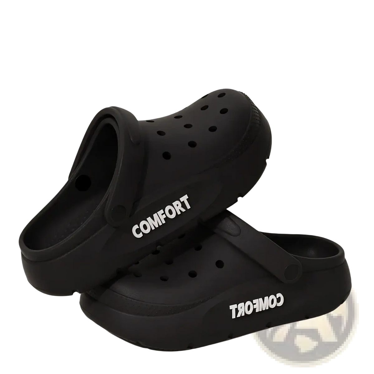 Black unisex eva casual summer slippers with thick cushioned sole and perforated breathable upper