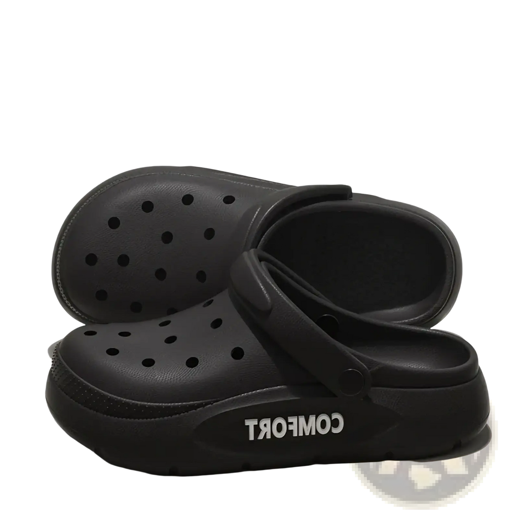Unisex black rubber clog sandals with thick sole perforated upper and comfort lettering for casual summer use