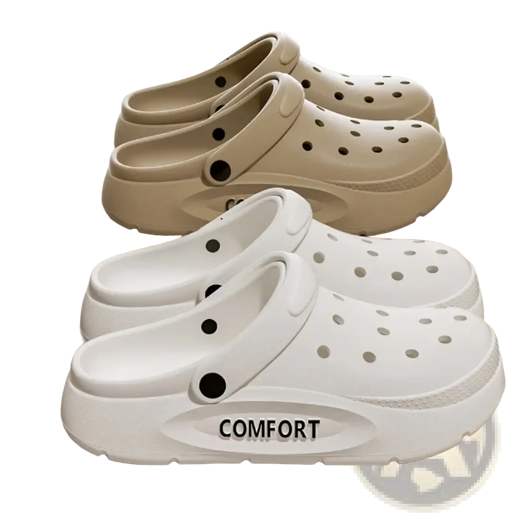 Unisex eva casual summer slippers in white and beige with perforated uppers thick soles and comfort logo on the side
