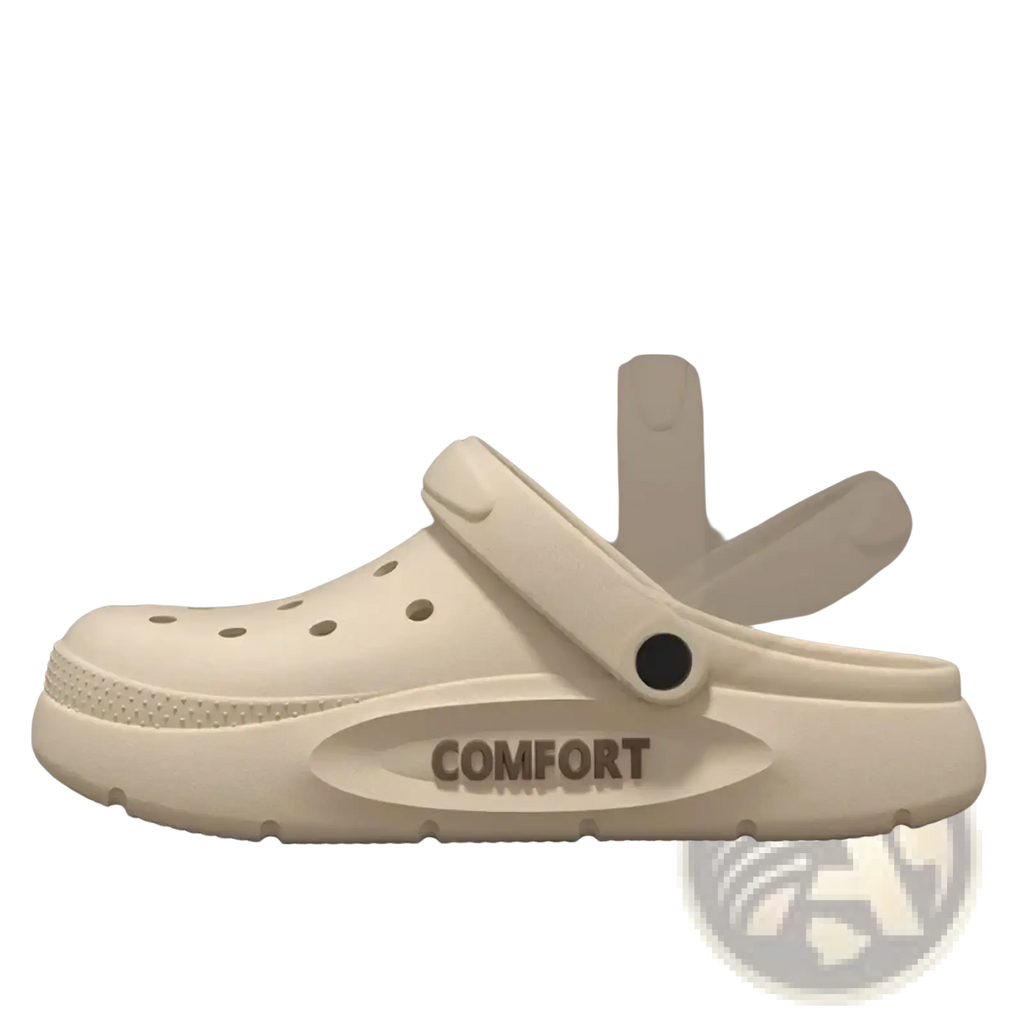 White rubber unisex eva casual summer slipper with adjustable heel strap and comfort branding on the sole
