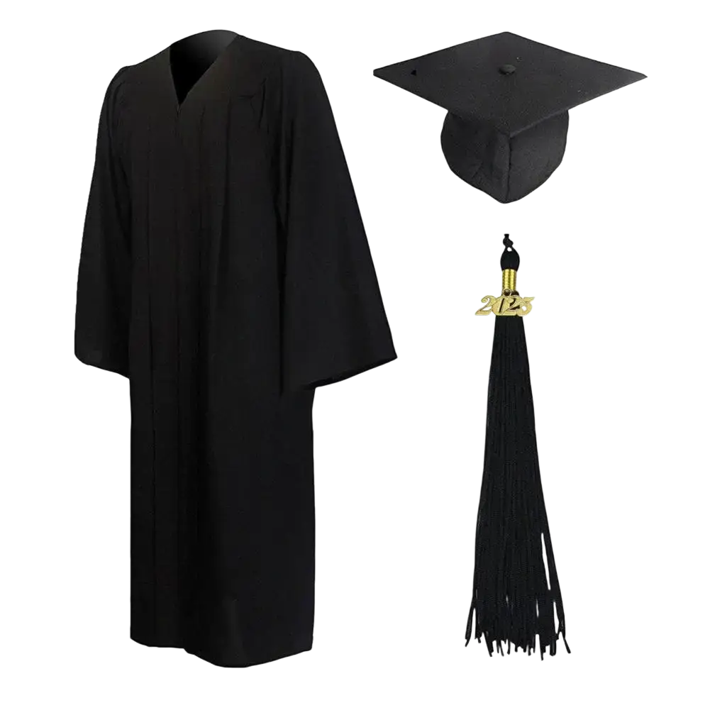 Unisex black graduation gown with v-neck and long sleeves paired with matching cap and gold 2023 tassel