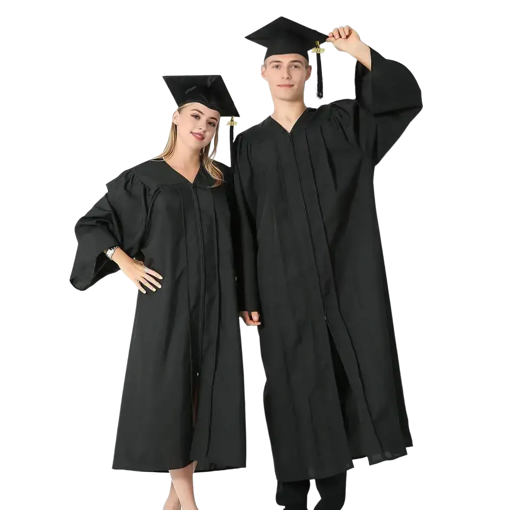Unisex graduation gown and cap in black academic dress featuring v-neck and long sleeves for formal ceremonies