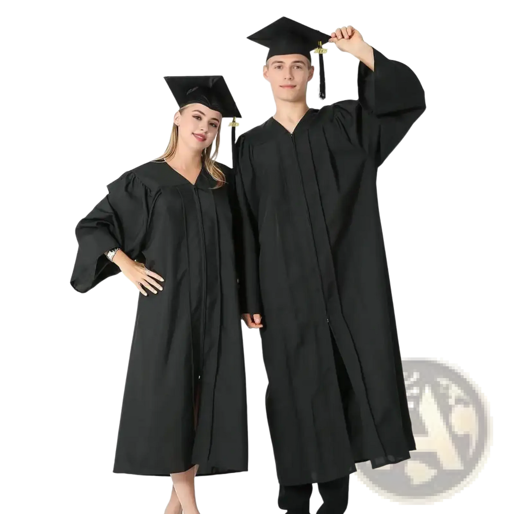 Unisex black graduation gown with v-neck long sleeves and matching cap for academic dress use