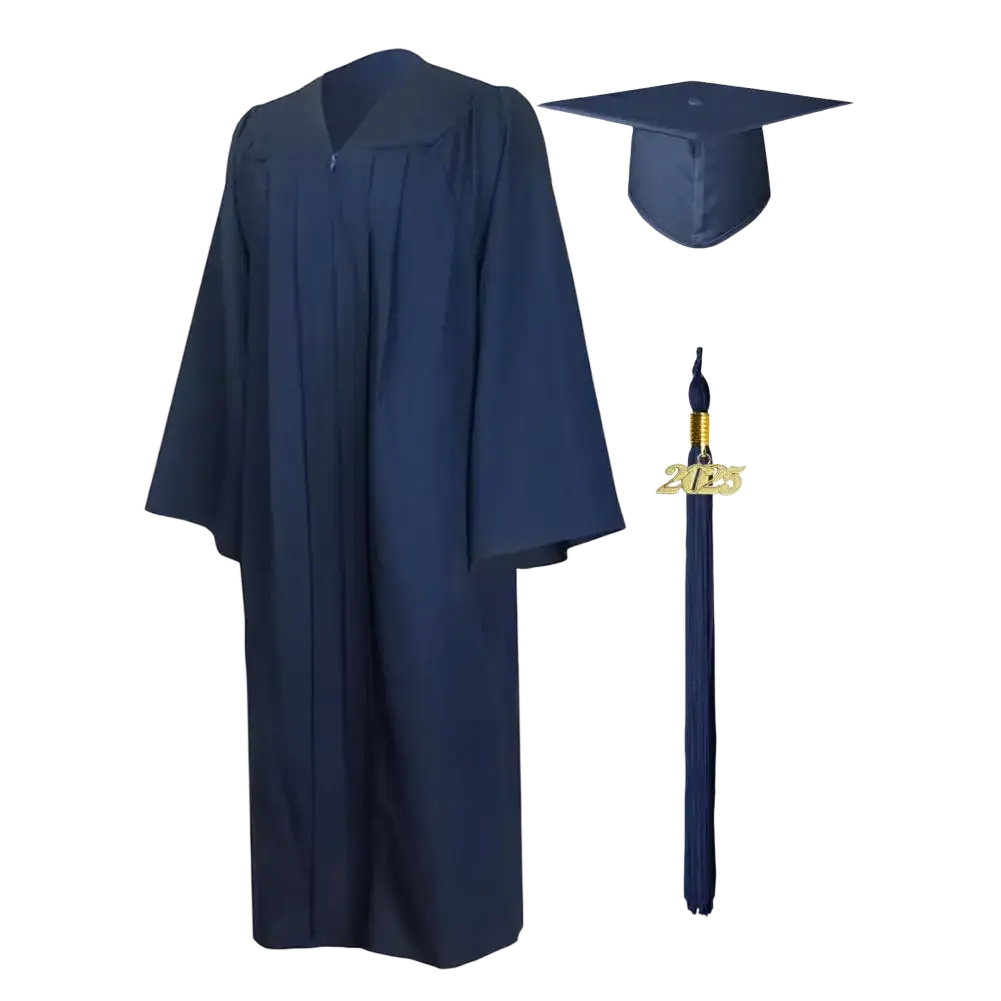 Unisex navy blue graduation gown and matching cap with 2025 tassel academic dress for ceremonies
