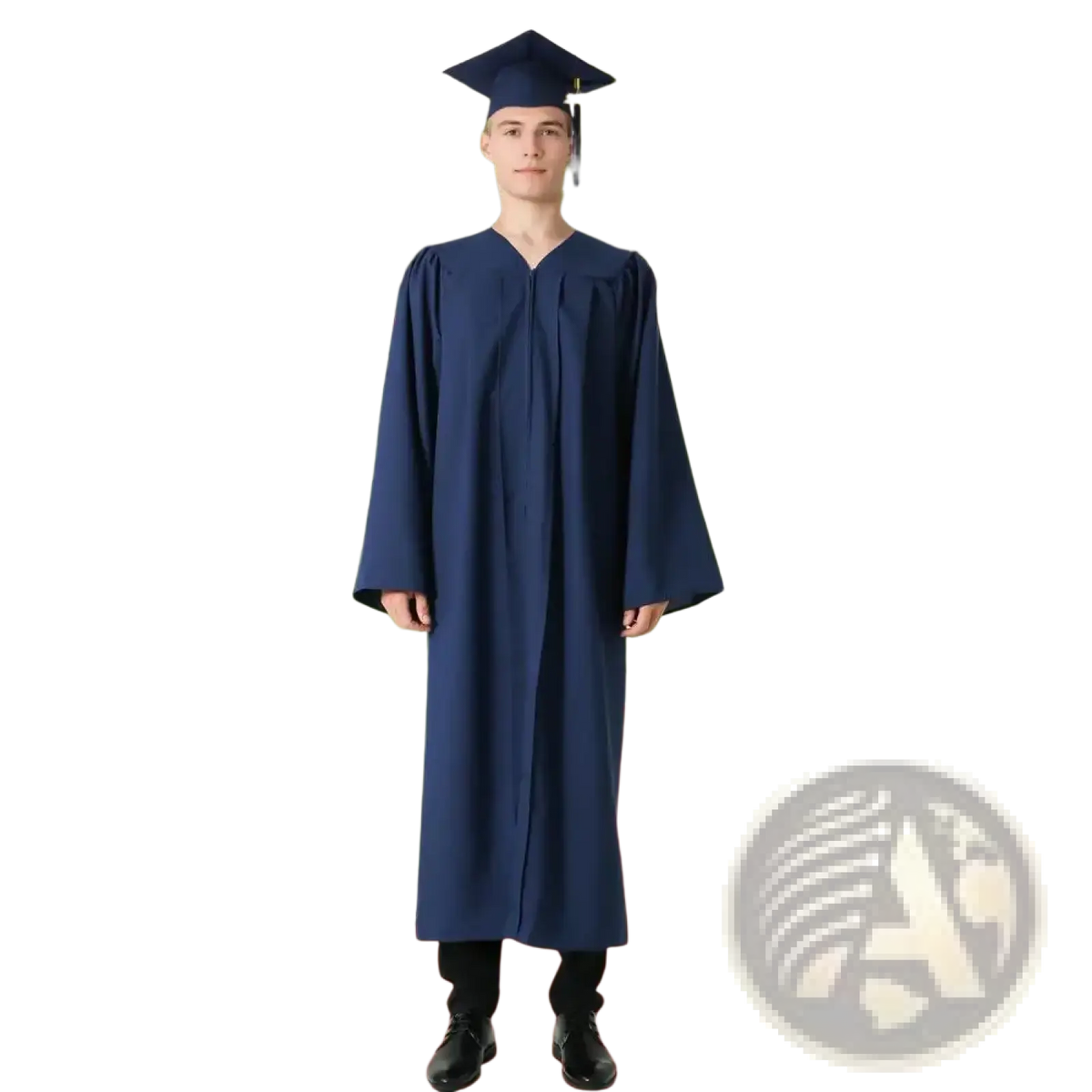 Navy blue unisex academic graduation gown and matching cap made of polyester for formal graduation ceremonies