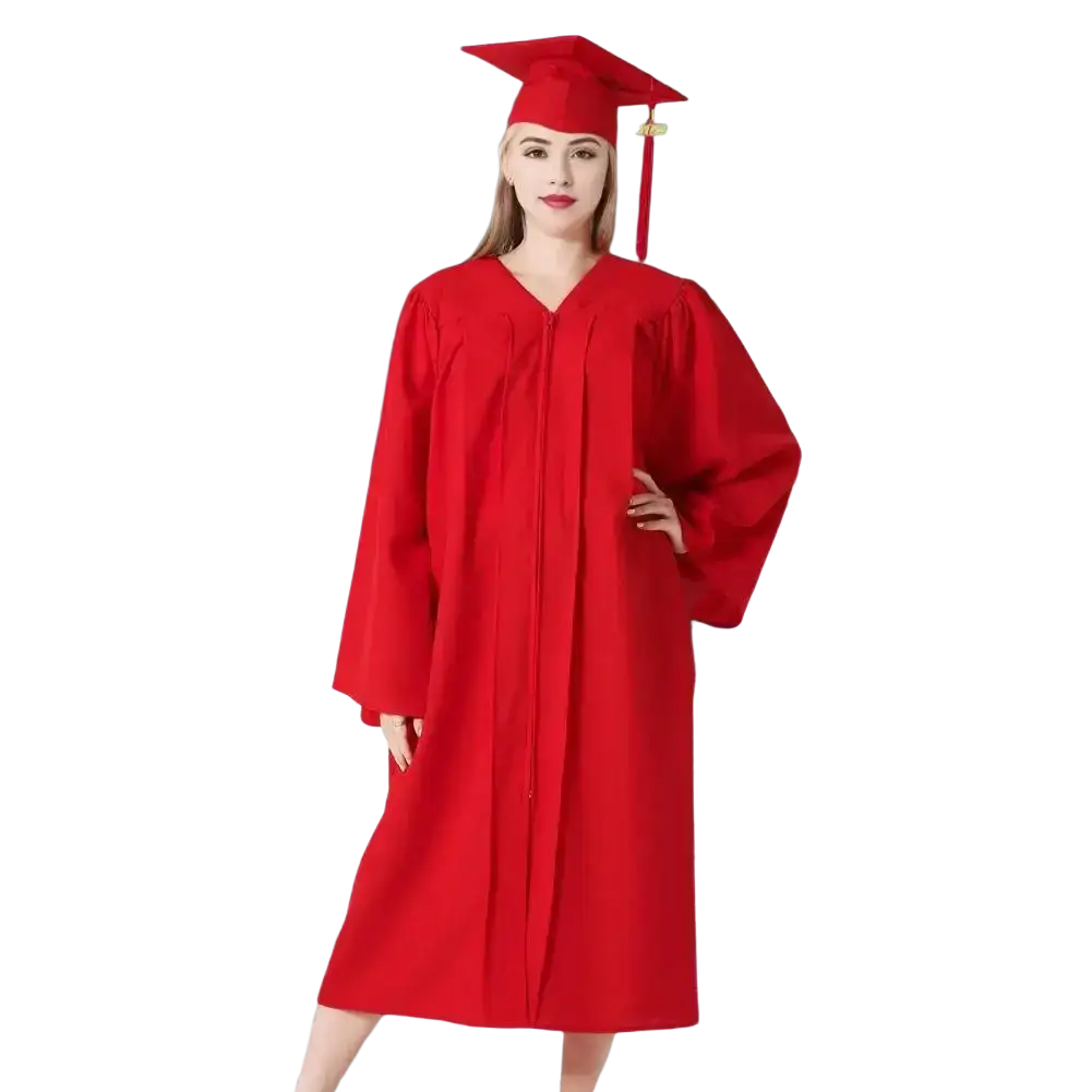 Red unisex graduation gown and cap made of smooth fabric academic dress for formal graduation ceremonies