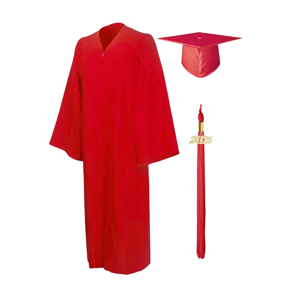 Unisex red graduation gown and cap academic dress with v-neckline long sleeves smooth satin fabric tassel