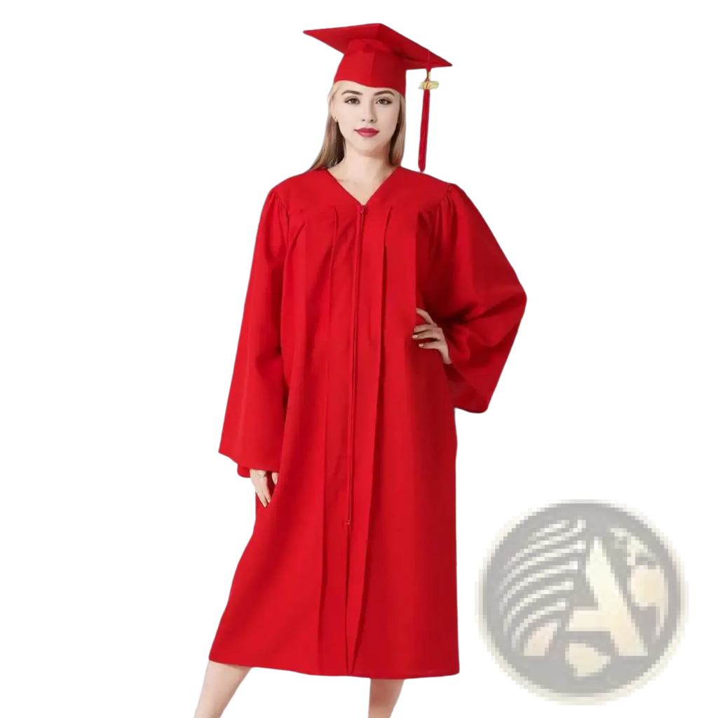 Unisex graduation gown and cap in red made of smooth fabric ideal for academic dress and ceremonies