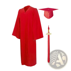 Unisex red graduation gown and cap academic dress with v-neckline long sleeves smooth satin fabric tassel