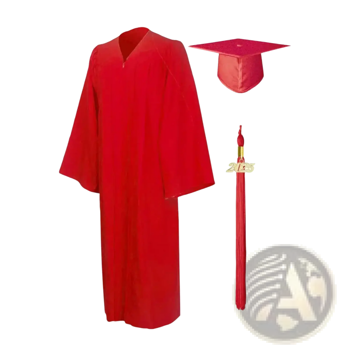 Unisex red graduation gown and cap academic dress with v-neckline long sleeves smooth satin fabric tassel