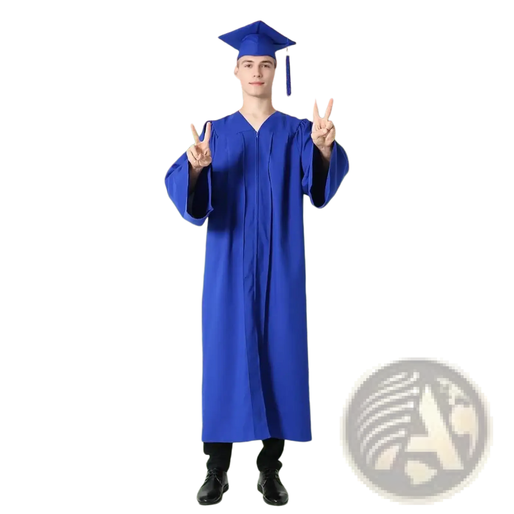 Unisex graduation gown and cap in royal blue smooth satin-like fabric suitable for academic dress use