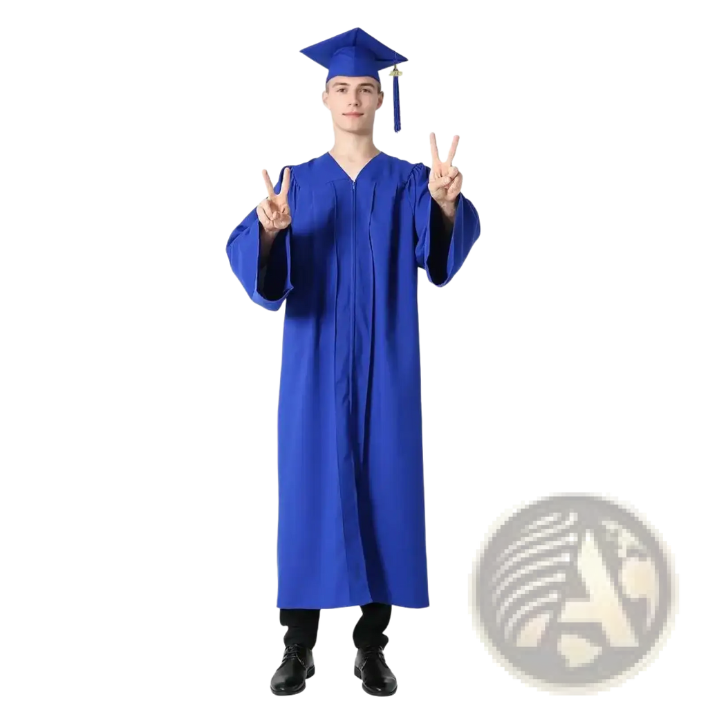 A royal blue unisex graduation gown and matching cap with tassel made of smooth fabric for academic dress