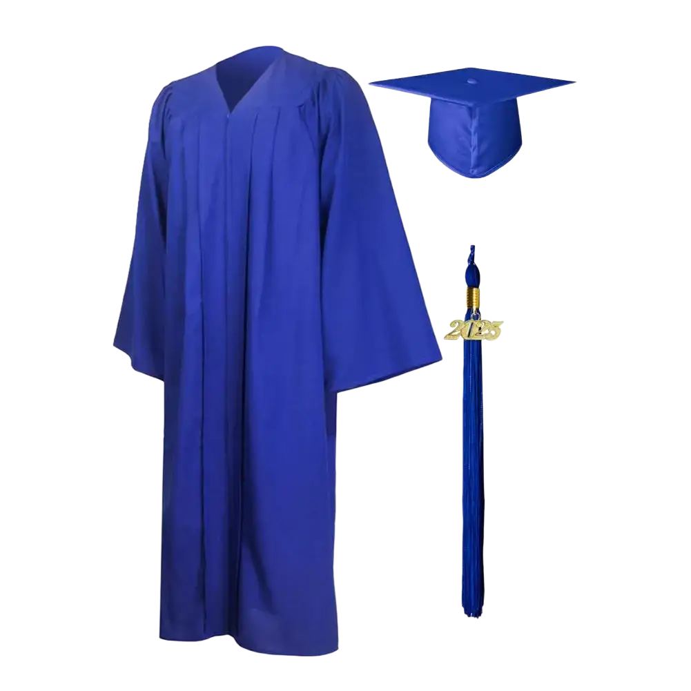 Unisex royal blue graduation gown and cap set with gold 2023 tassel charm for academic ceremonies