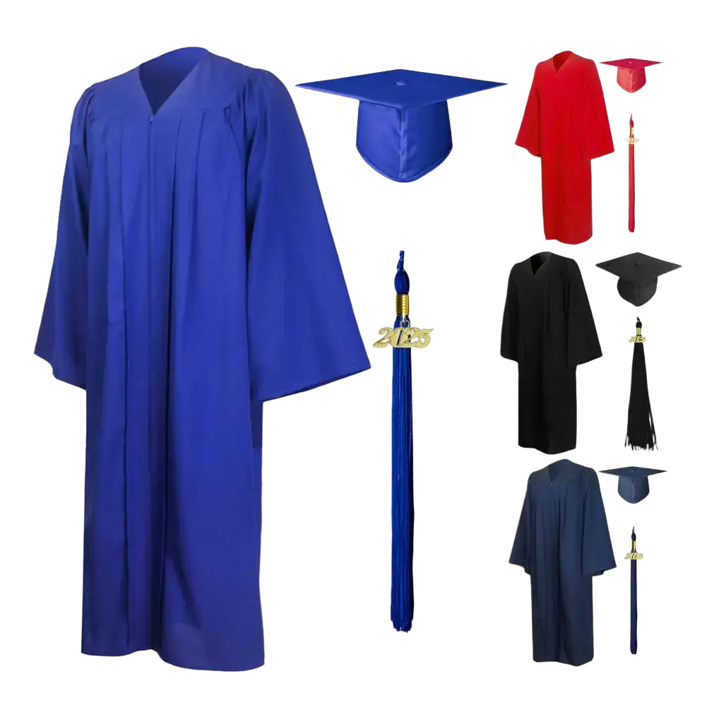 Unisex royal blue graduation gown with v-neck and pleated sleeves for academic dress and cap ceremony