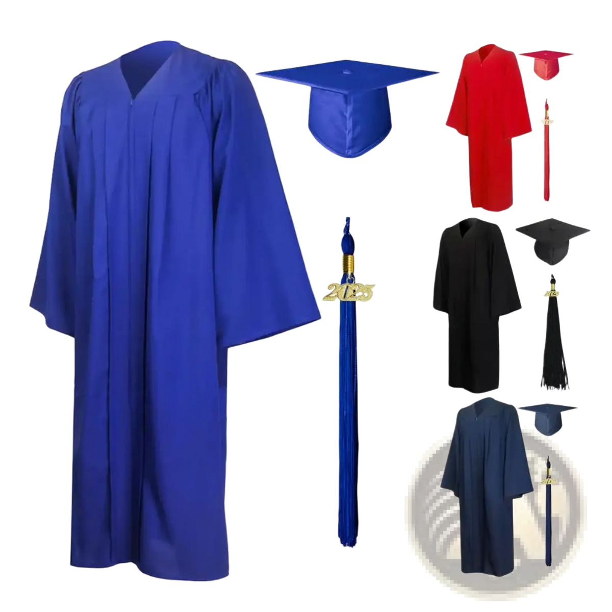 Unisex royal blue graduation gown with v-neck and pleated sleeves for academic dress and cap ceremony