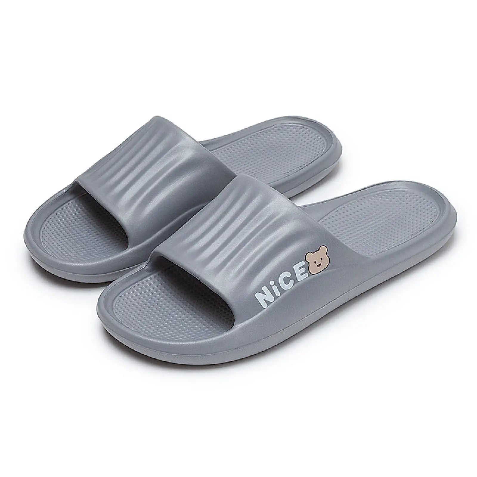 Gray lightweight anti slip eva unisex shower slide sandals with ribbed strap featuring nice text and bear face logo