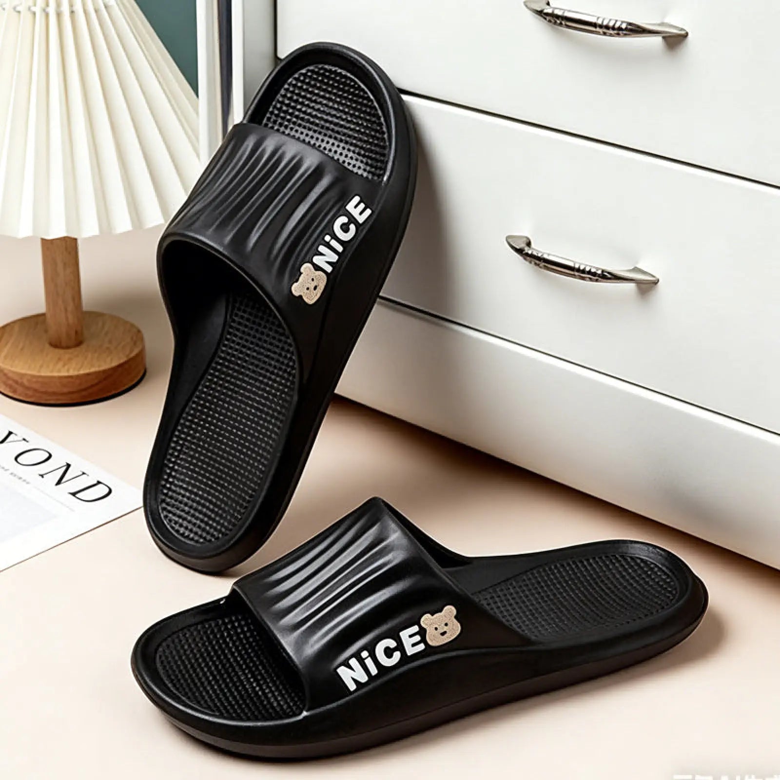 Black rubber unisex lightweight anti slip eva shower slides with nice printed in white and small bear emblem on side