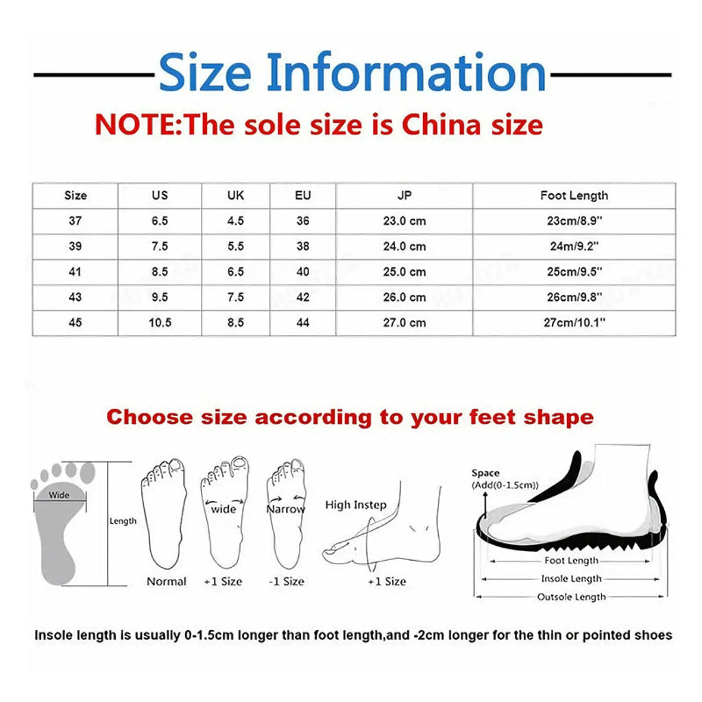Size information chart for unisex lightweight anti slip EVA shower slides showing international measurements and foot shapes