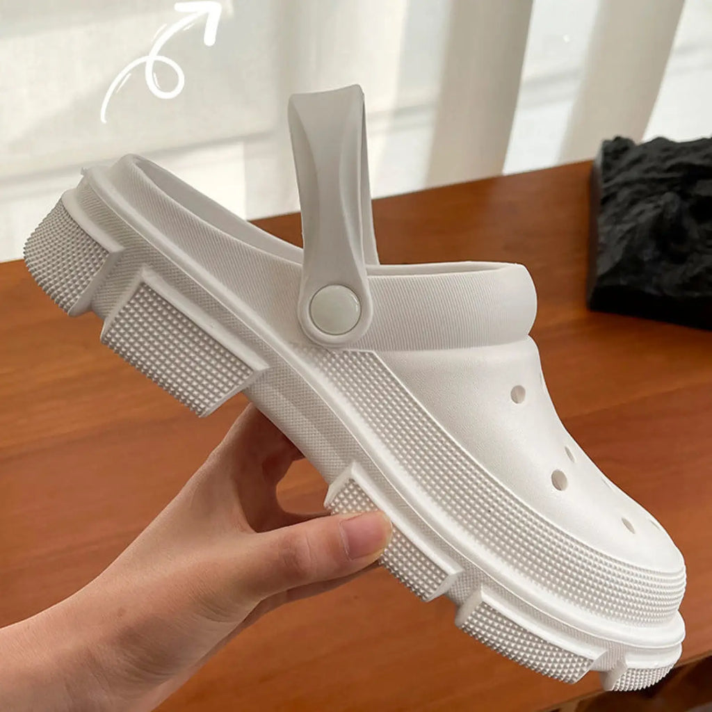 White unisex lightweight eva garden clog sandal with chunky textured rubber sole and adjustable strap visible from back