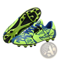 Unisex neon graphic low top soccer cleats with vibrant neon green and blue abstract design and black rubber studs for traction