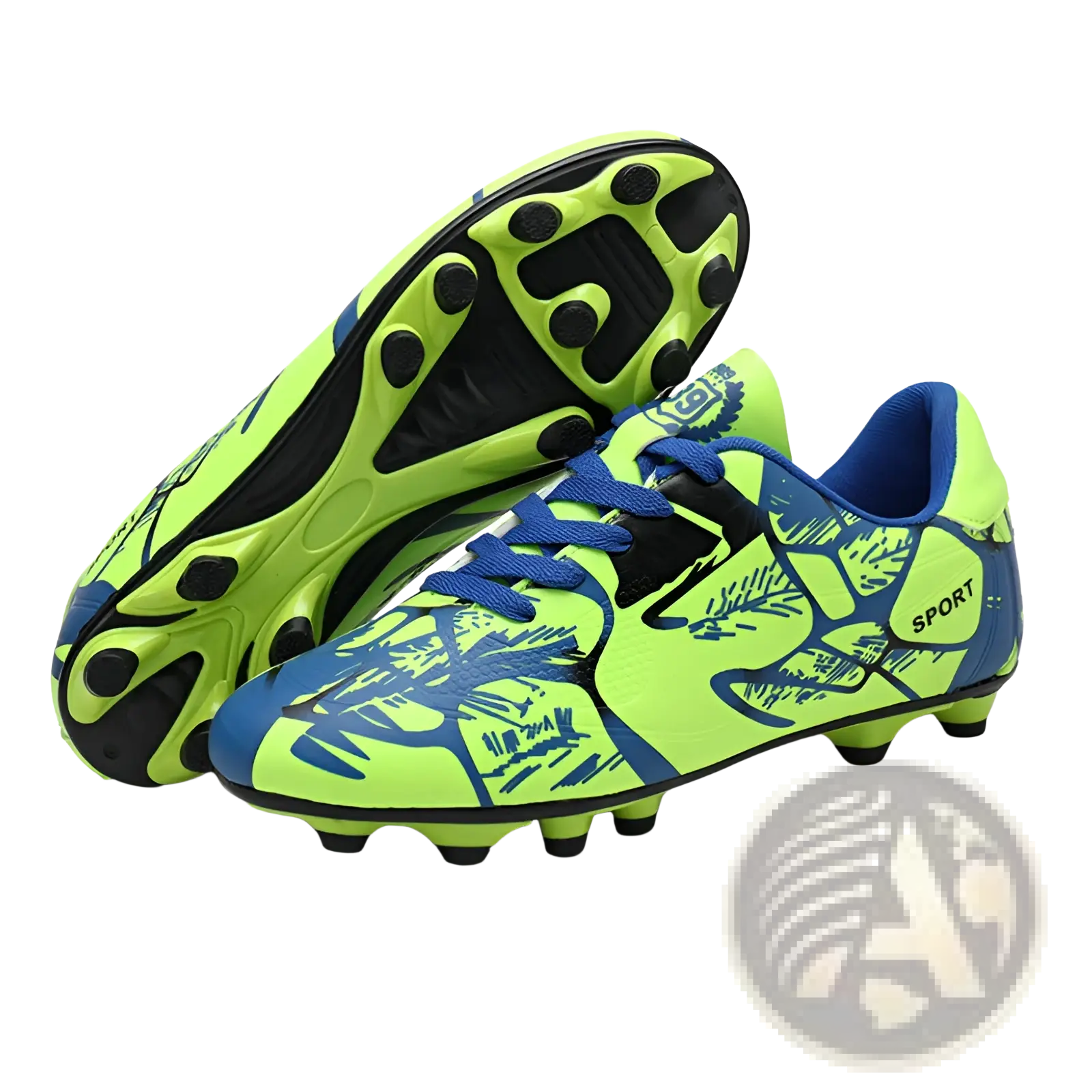 Unisex neon graphic low top soccer cleats with vibrant neon green and blue abstract design and black rubber studs for traction