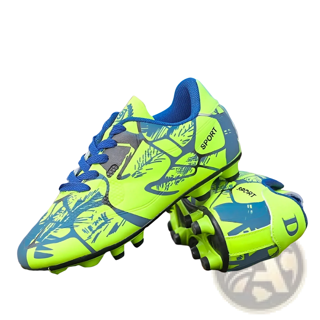Unisex neon graphic low top soccer cleats in vibrant green with blue leaf patterns and dark gray panels for all terrains