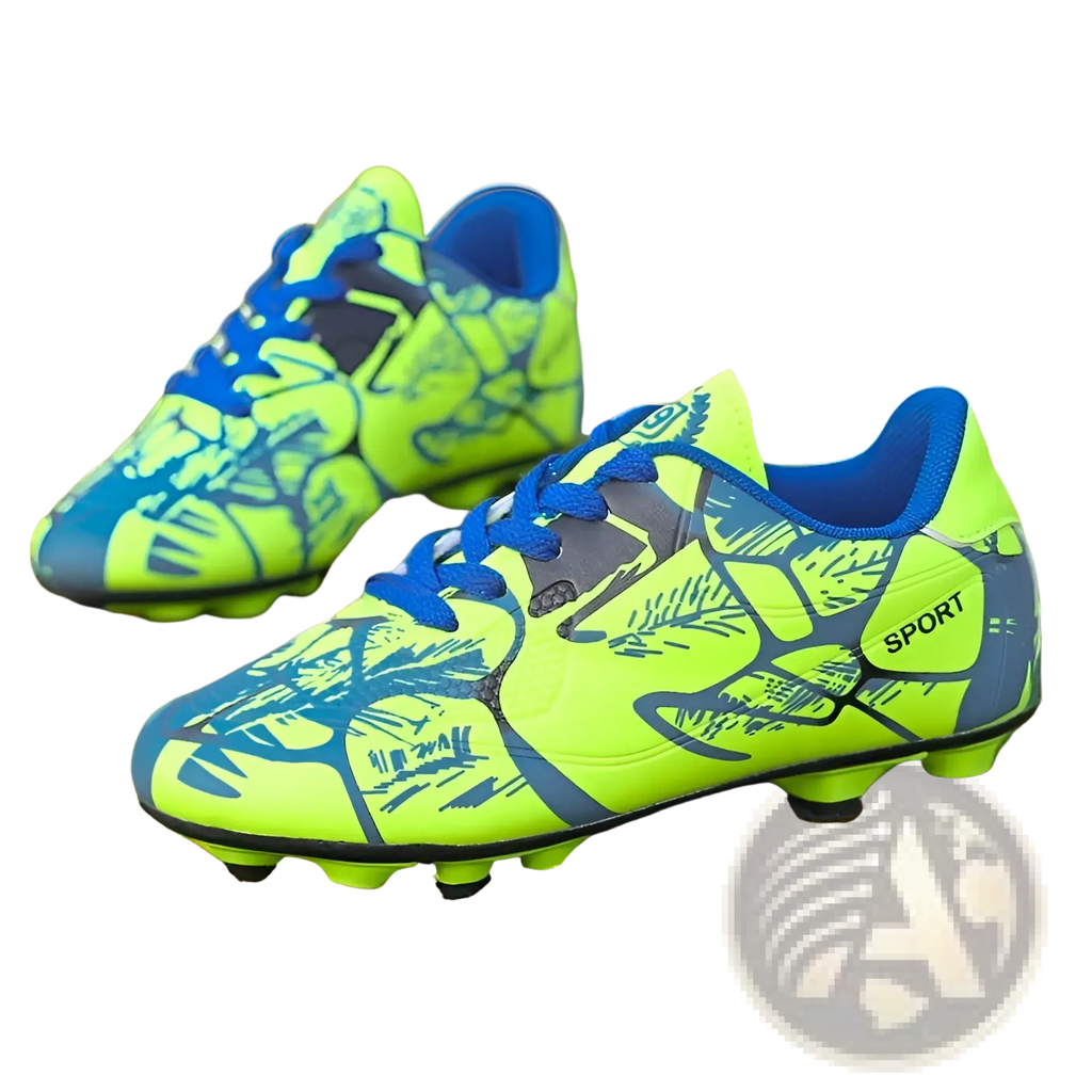 Unisex neon graphic low top soccer cleats in vibrant green and blue with graffiti design and black sport accents for all terrains