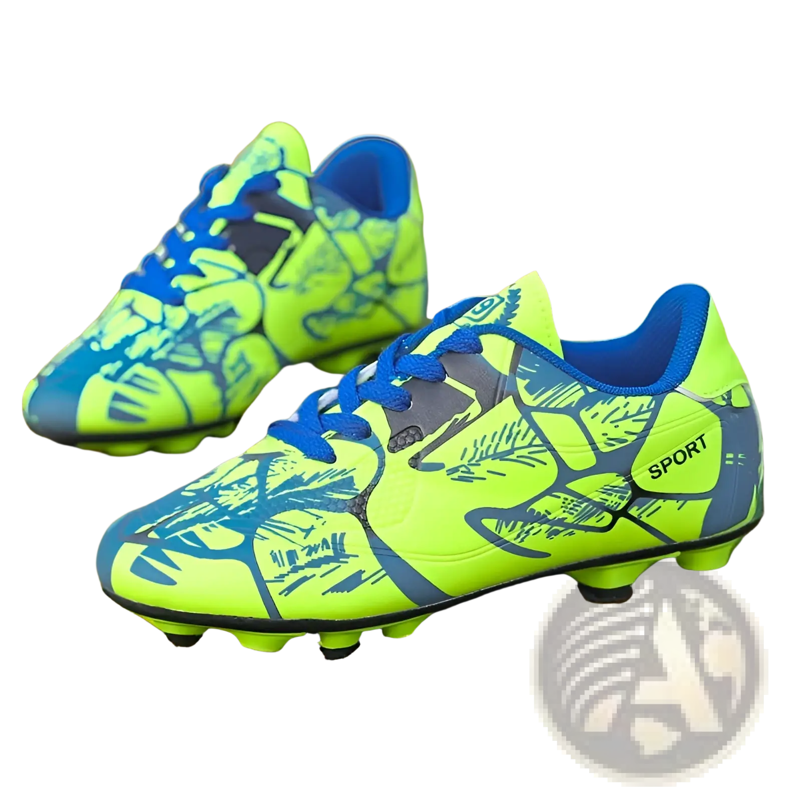 Unisex neon graphic low top soccer cleats in vibrant green and blue with graffiti design and black sport accents for all terrains