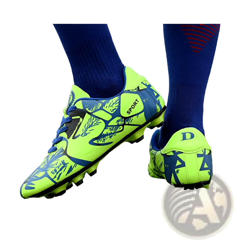 Unisex neon graphic low top soccer cleats with vibrant neon green and blue leafy pattern and black laces for all terrains