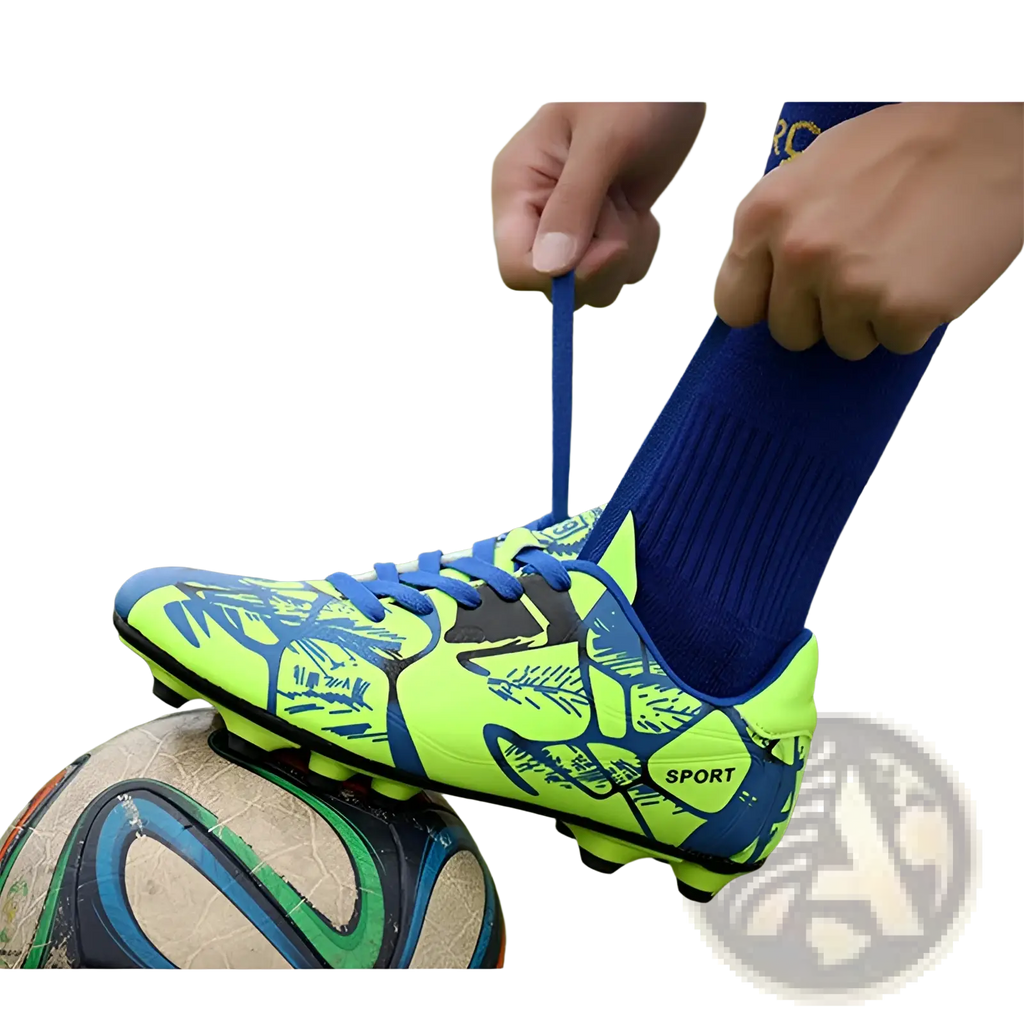 Unisex neon graphic low top soccer cleats in vibrant neon green and blue with leaf pattern and bright blue laces for all terrains