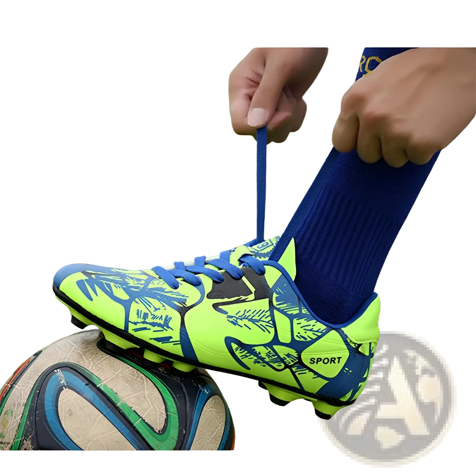 Unisex neon graphic low top soccer cleats in vibrant neon green and blue with leaf pattern and bright blue laces for all terrains