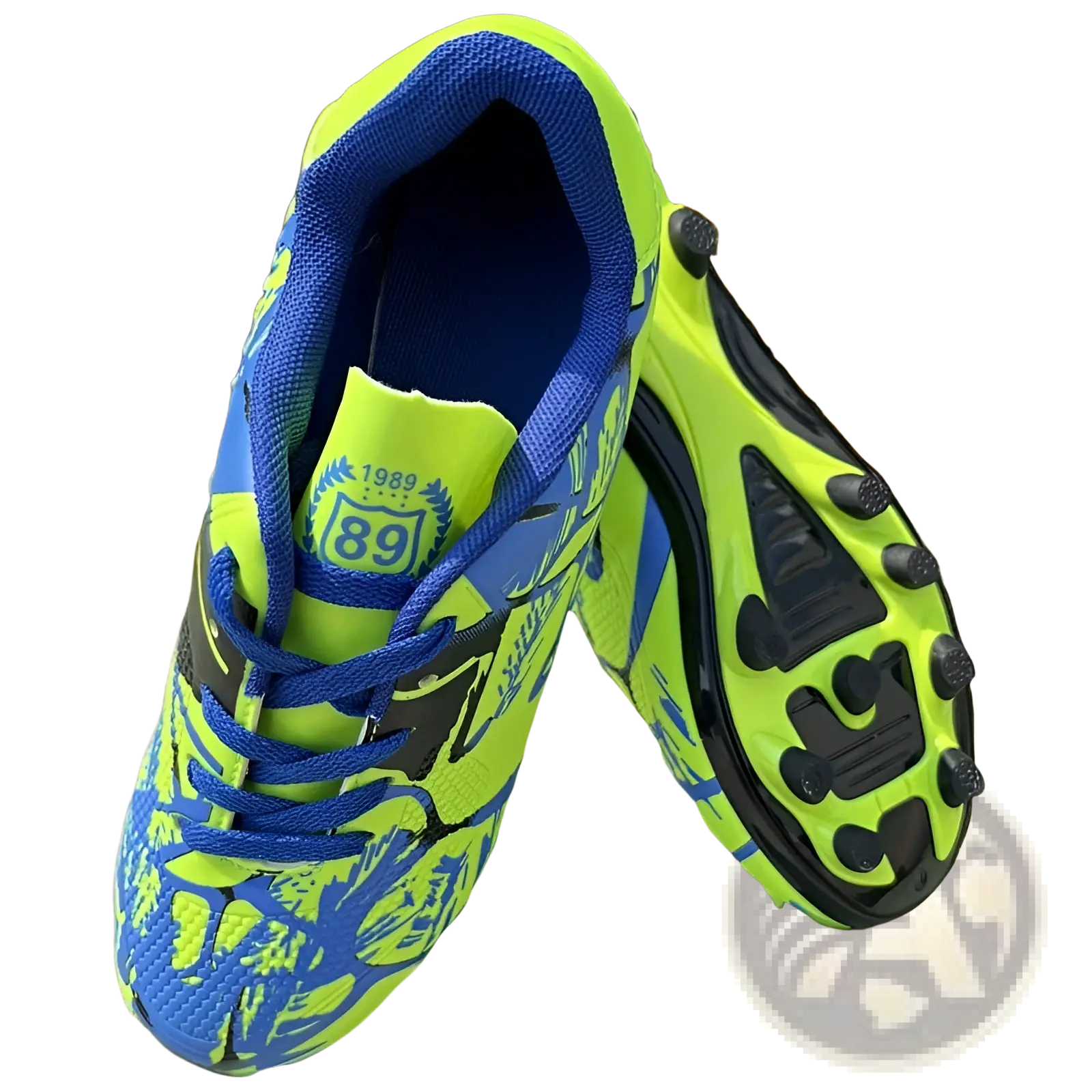 Unisex neon graphic low top soccer cleats in vibrant neon green and royal blue with black accents for all terrains