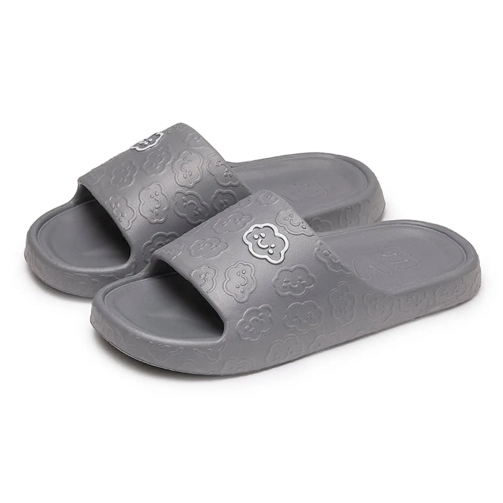 Gray rubber unisex non slip eva cloud slides with a smiling face on the strap for indoor and outdoor use