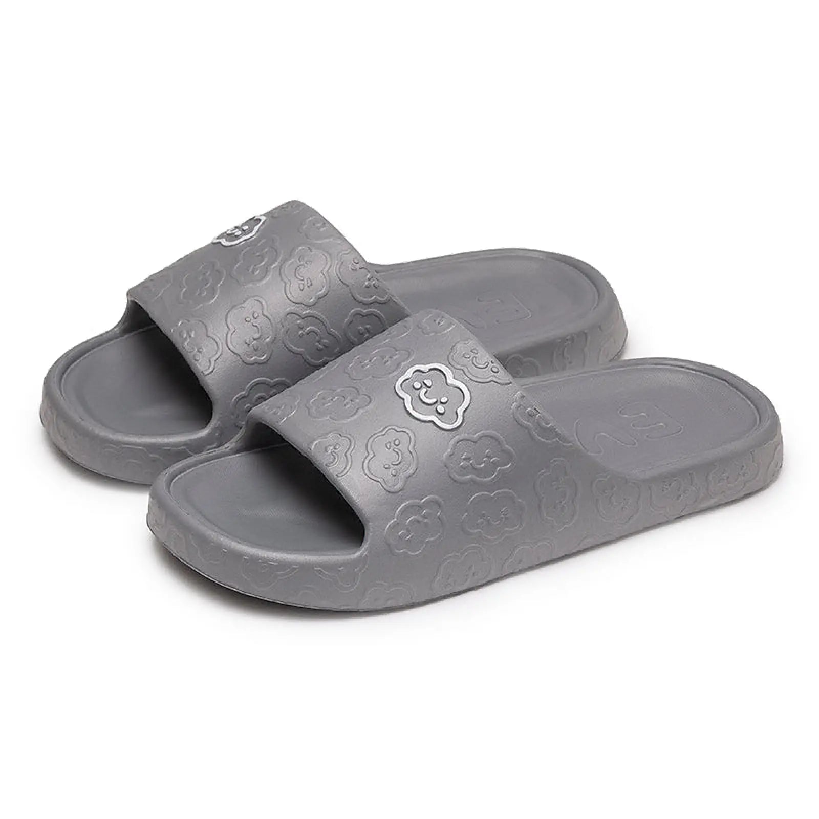 Gray rubber unisex non slip eva cloud slides with a smiling face on the strap for indoor and outdoor use