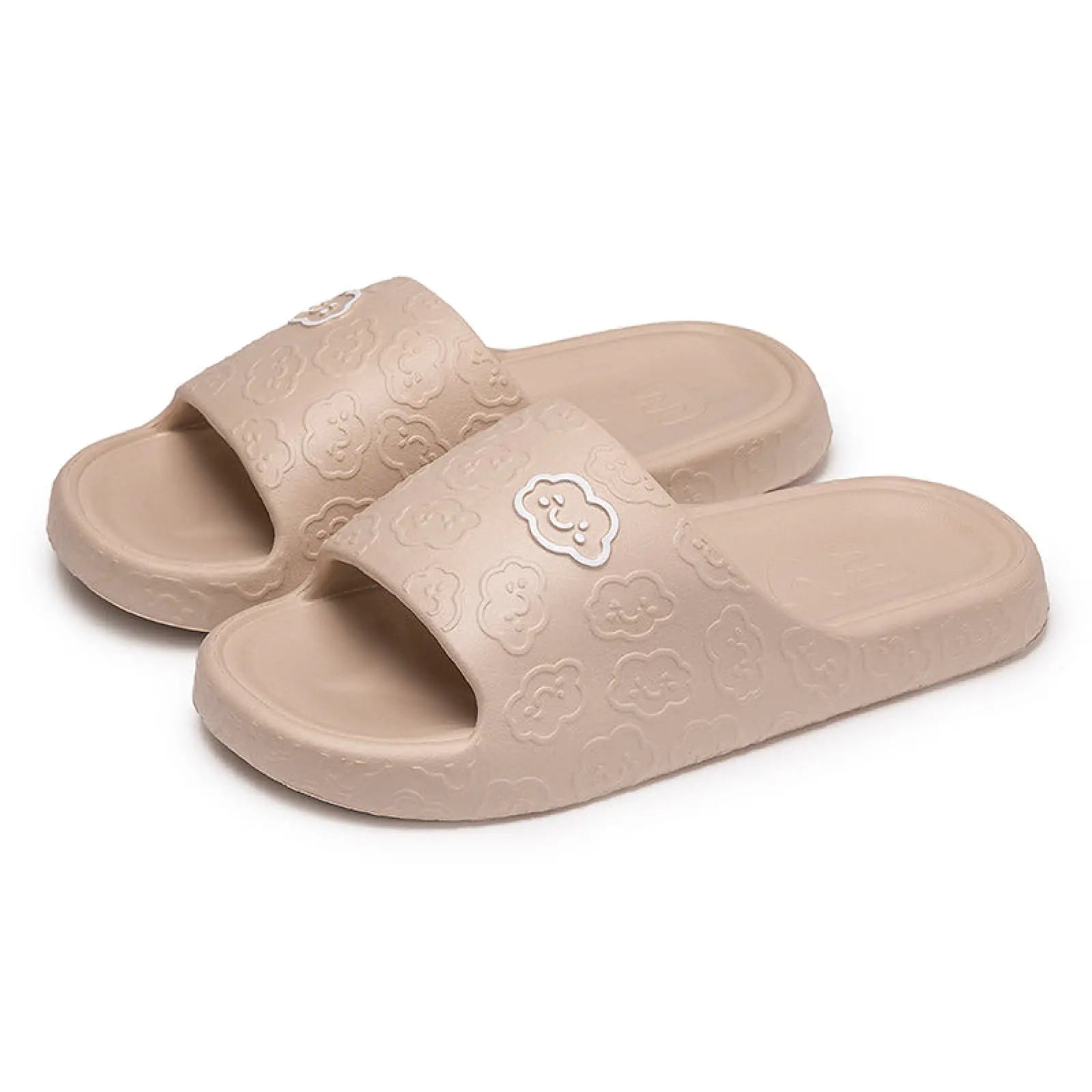 Beige unisex non slip eva rubber slide sandals with subtle cloud pattern and white embroidered cloud emblem for indoor and outdoor use