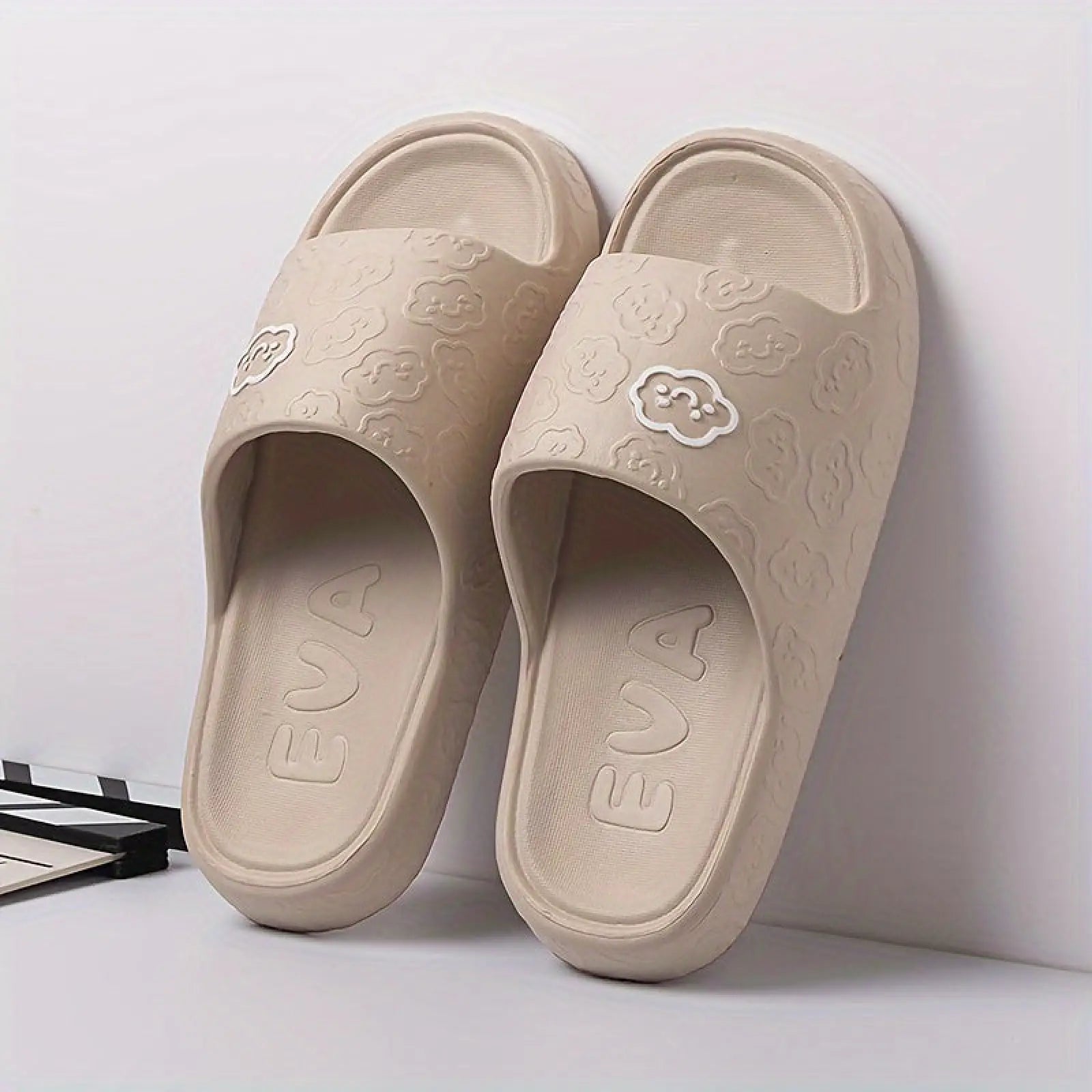 Beige unisex non slip eva cloud slides with cushioned sole and cloud patterns for indoor and outdoor use
