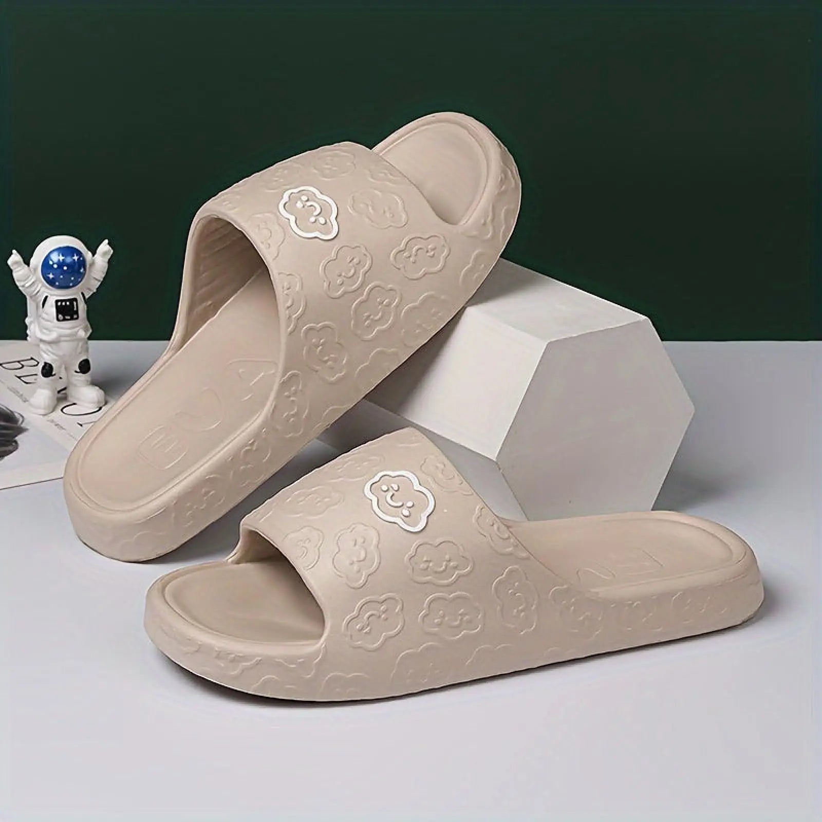 Beige cloud-patterned unisex non slip eva rubber slide sandals with soft textured surface for indoor and outdoor use
