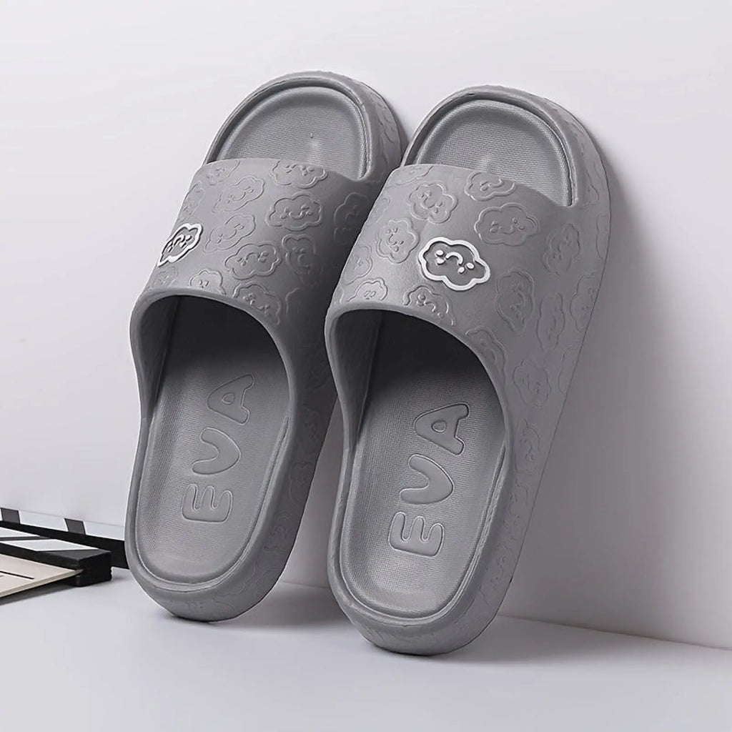 Gray unisex non slip EVA slide sandals with playful cloud pattern and soft cushioned soles for indoor and outdoor use