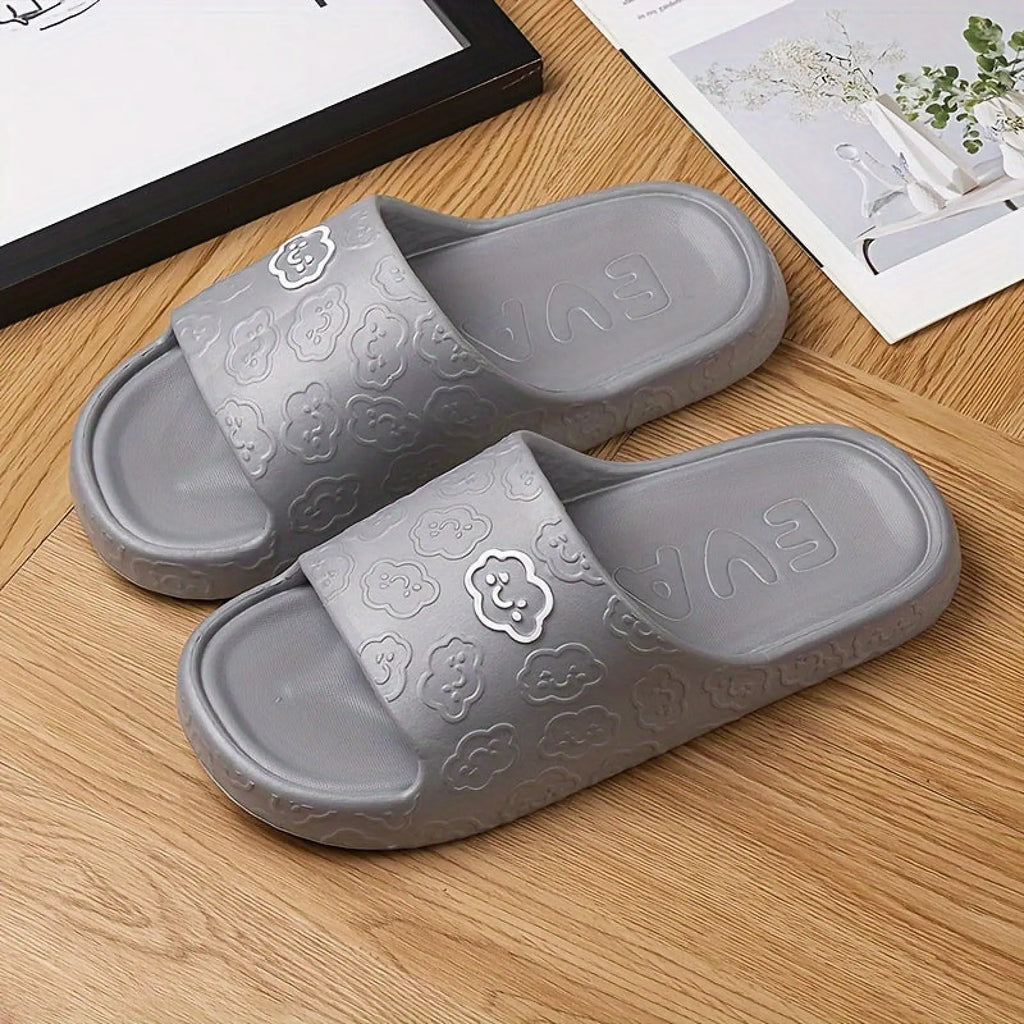 Gray rubber unisex non slip EVA cloud slides with white embroidered bear face accents for indoor and outdoor use