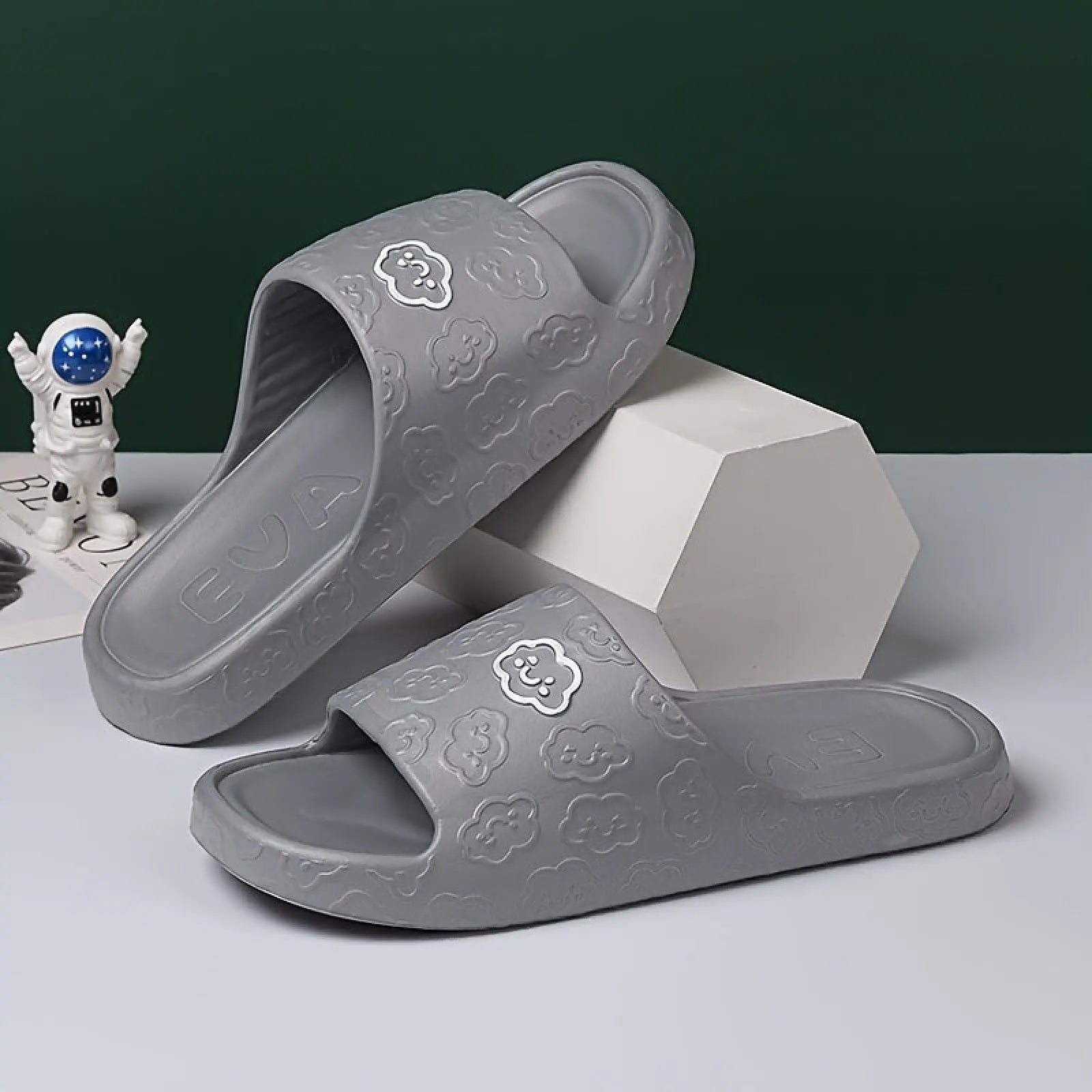 Gray rubber unisex non slip eva cloud slides with white embroidered bear faces for indoor and outdoor use